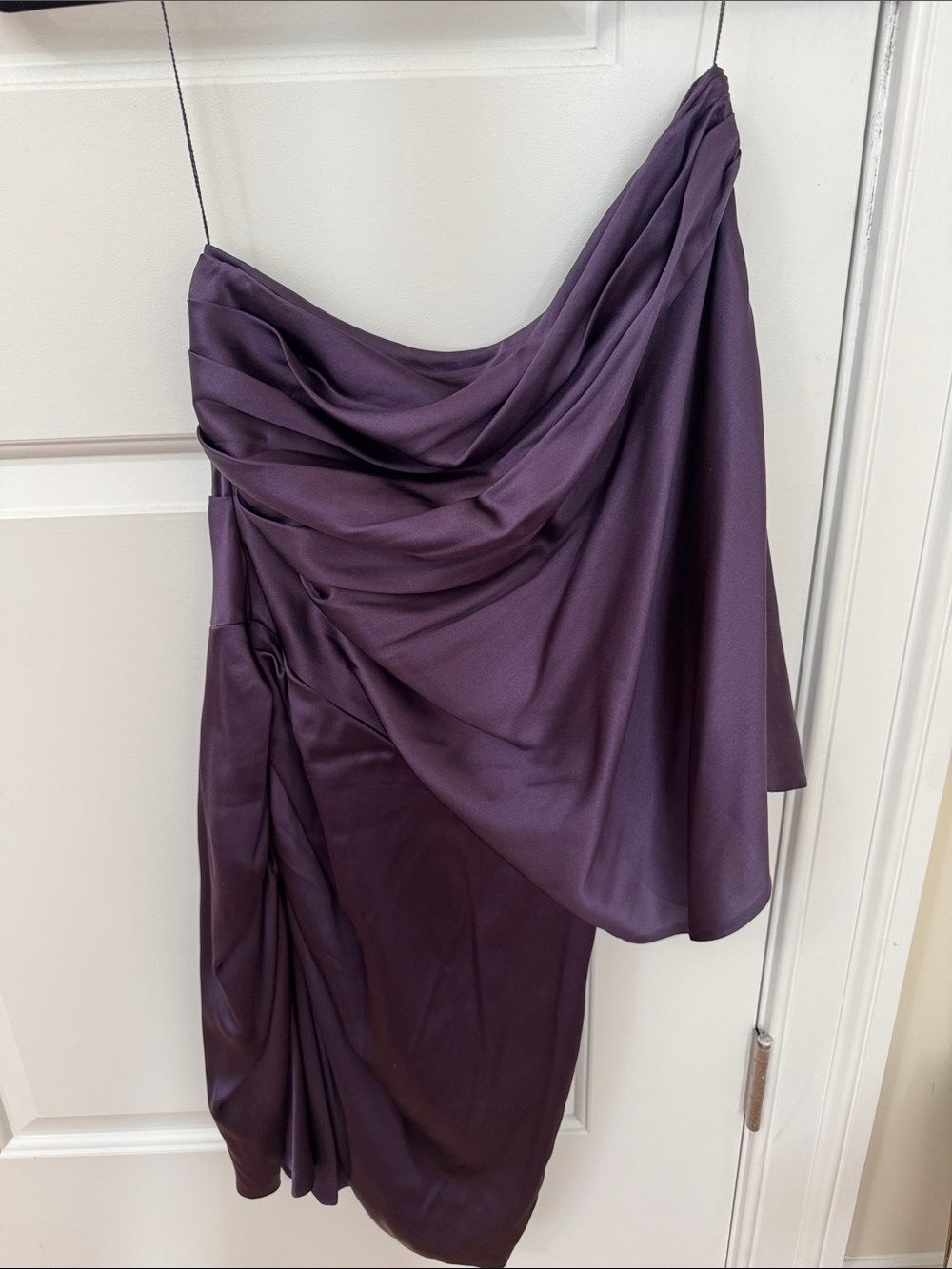 Aidan Mattox One-Shoulder Draped Satin Dress in Deep Plum
